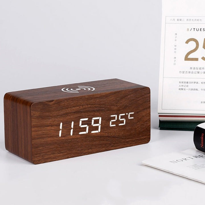 Wood Digital Alarm Clock with Wireless Charging